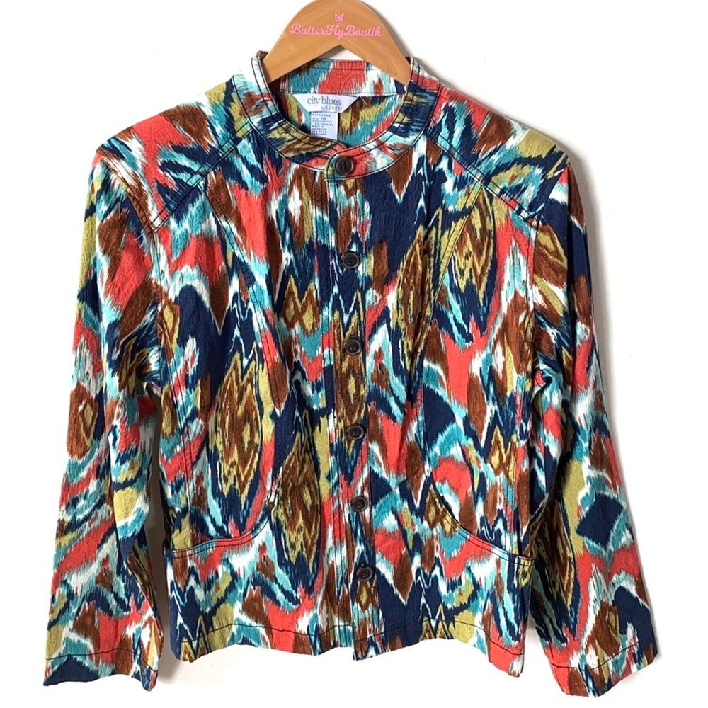 City Blues abstract Printed button down long sleeve blazer jacket, Size 10